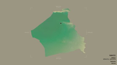 Tunus valisi Kebili bölgesi, sağlam bir arka planda bir sınır kutusunda izole edilmiş. Etiketler. Topografik yardım haritası. 3B görüntüleme