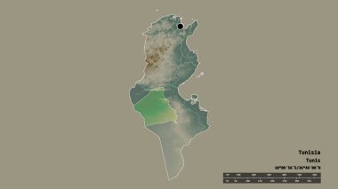 Başkenti, ana bölgesel bölümü ve bölünmüş Kebili bölgesi ile Tunus 'un dejenere edilmiş şekli. Etiketler. Topografik yardım haritası. 3B görüntüleme