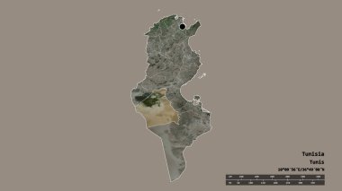 Başkenti, ana bölgesel bölümü ve bölünmüş Kebili bölgesi ile Tunus 'un dejenere edilmiş şekli. Etiketler. Uydu görüntüleri. 3B görüntüleme