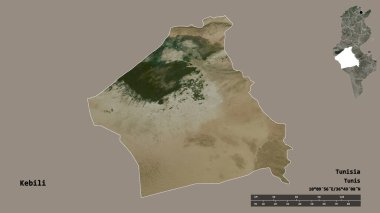Tunus valisi Kebili 'nin şekli, başkenti sağlam arka planda izole edilmiş. Uzaklık ölçeği, bölge önizlemesi ve etiketleri. Uydu görüntüleri. 3B görüntüleme
