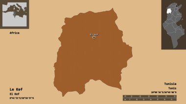 Le Kef 'in şekli, Tunus valisi ve başkenti. Uzaklık ölçeği, ön gösterimler ve etiketler. Desenli dokuların bileşimi. 3B görüntüleme