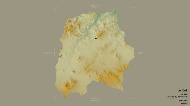 Le Kef bölgesi, Tunus valisi, sağlam bir arka planda izole edilmiş bir sınır kutusunda. Etiketler. Topografik yardım haritası. 3B görüntüleme