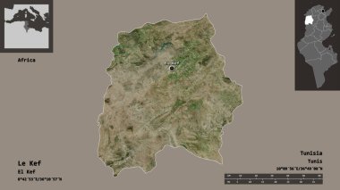 Le Kef 'in şekli, Tunus valisi ve başkenti. Uzaklık ölçeği, ön gösterimler ve etiketler. Uydu görüntüleri. 3B görüntüleme