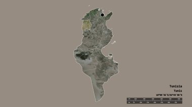 Başkenti, ana bölgesel bölümü ve ayrılan Le Kef bölgesi ile Tunus 'un dejenere edilmiş şekli. Etiketler. Uydu görüntüleri. 3B görüntüleme