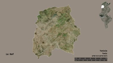 Tunus valisi Le Kef 'in şekli, başkenti sağlam bir zemine sahip. Uzaklık ölçeği, bölge önizlemesi ve etiketleri. Uydu görüntüleri. 3B görüntüleme