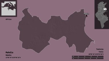 Mahdia 'nın şekli, Tunus valisi ve başkenti. Uzaklık ölçeği, ön gösterimler ve etiketler. Renkli yükseklik haritası. 3B görüntüleme