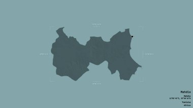 Mahdia bölgesi, Tunus valisi, jeoreferatlı bir sınır kutusunda sağlam bir arka planda izole edilmiş. Etiketler. Renkli yükseklik haritası. 3B görüntüleme