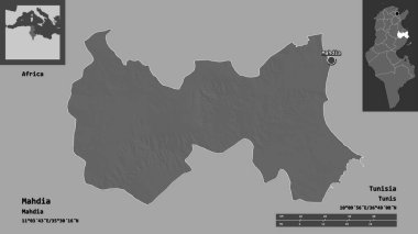 Mahdia 'nın şekli, Tunus valisi ve başkenti. Uzaklık ölçeği, ön gösterimler ve etiketler. Çift seviyeli yükseklik haritası. 3B görüntüleme