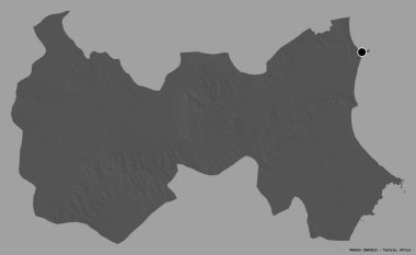 Tunus valisi Mahdia 'nın şekli, başkenti koyu renk arka planda izole edilmiş. Çift seviyeli yükseklik haritası. 3B görüntüleme