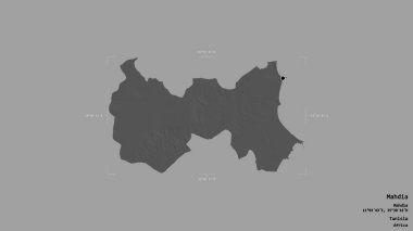 Mahdia bölgesi, Tunus valisi, jeoreferatlı bir sınır kutusunda sağlam bir arka planda izole edilmiş. Etiketler. Çift seviyeli yükseklik haritası. 3B görüntüleme