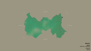 Mahdia bölgesi, Tunus valisi, jeoreferatlı bir sınır kutusunda sağlam bir arka planda izole edilmiş. Etiketler. Topografik yardım haritası. 3B görüntüleme