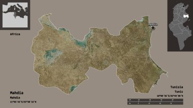 Mahdia 'nın şekli, Tunus valisi ve başkenti. Uzaklık ölçeği, ön gösterimler ve etiketler. Uydu görüntüleri. 3B görüntüleme
