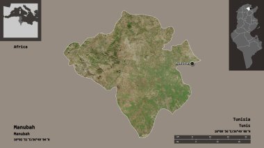 Manubah 'ın şekli, Tunus valisi ve başkenti. Uzaklık ölçeği, ön gösterimler ve etiketler. Uydu görüntüleri. 3B görüntüleme