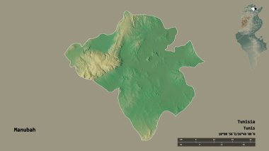 Tunus valisi Manubah 'ın şekli, başkenti sağlam bir zemine sahip. Uzaklık ölçeği, bölge önizlemesi ve etiketleri. Topografik yardım haritası. 3B görüntüleme