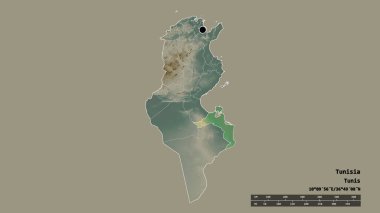 Başkenti, ana bölgesel bölümü ve ayrılmış Medenine bölgesiyle Tunus 'un dejenere edilmiş şekli. Etiketler. Topografik yardım haritası. 3B görüntüleme