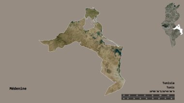 Tunus valisi Medenine 'in şekli, başkenti sağlam bir arka planda izole edilmiştir. Uzaklık ölçeği, bölge önizlemesi ve etiketleri. Uydu görüntüleri. 3B görüntüleme