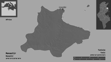 Manastır 'ın şekli, Tunus valisi ve başkenti. Uzaklık ölçeği, ön gösterimler ve etiketler. Çift seviyeli yükseklik haritası. 3B görüntüleme