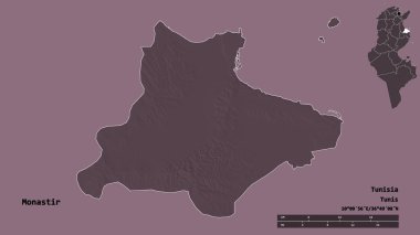 Tunus valisi Manastır 'ın şekli, başkenti sağlam arka planda izole edilmiş. Uzaklık ölçeği, bölge önizlemesi ve etiketleri. Renkli yükseklik haritası. 3B görüntüleme