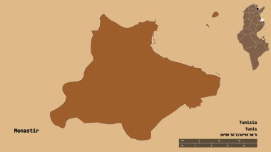 Tunus valisi Manastır 'ın şekli, başkenti sağlam arka planda izole edilmiş. Uzaklık ölçeği, bölge önizlemesi ve etiketleri. Desenli dokuların bileşimi. 3B görüntüleme
