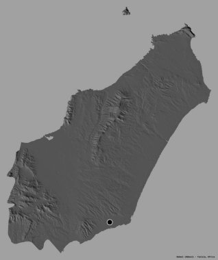 Tunus valisi Nabeul 'un şekli, başkenti katı bir renk arkaplanı ile izole edilmiştir. Çift seviyeli yükseklik haritası. 3B görüntüleme
