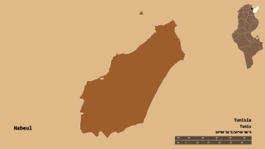 Tunus valisi Nabeul 'un şekli, başkenti sağlam arka planda izole edilmiş. Uzaklık ölçeği, bölge önizlemesi ve etiketleri. Desenli dokuların bileşimi. 3B görüntüleme