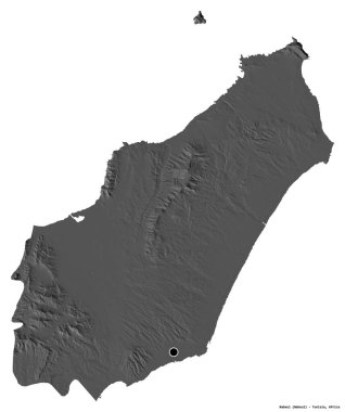 Tunus valisi Nabeul 'un şekli, başkenti beyaz arka planda izole edilmiştir. Çift seviyeli yükseklik haritası. 3B görüntüleme