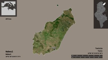 Nabeul 'un şekli, Tunus valisi ve başkenti. Uzaklık ölçeği, ön gösterimler ve etiketler. Uydu görüntüleri. 3B görüntüleme