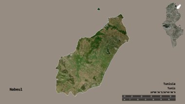 Tunus valisi Nabeul 'un şekli, başkenti sağlam arka planda izole edilmiş. Uzaklık ölçeği, bölge önizlemesi ve etiketleri. Uydu görüntüleri. 3B görüntüleme