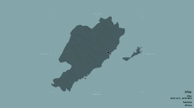 Sfax bölgesi, Tunus valisi, sağlam bir arka planda izole edilmiş bir sınır kutusunda. Etiketler. Renkli yükseklik haritası. 3B görüntüleme