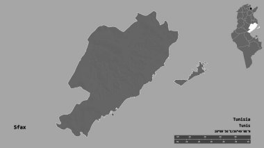 Tunus valisi Sfax 'ın şekli, sermayesi sağlam arka planda izole edilmiş. Uzaklık ölçeği, bölge önizlemesi ve etiketleri. Çift seviyeli yükseklik haritası. 3B görüntüleme