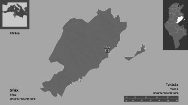 Sfax 'in şekli, Tunus valisi ve başkenti. Uzaklık ölçeği, ön gösterimler ve etiketler. Çift seviyeli yükseklik haritası. 3B görüntüleme