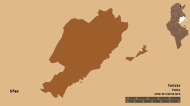 Tunus valisi Sfax 'ın şekli, sermayesi sağlam arka planda izole edilmiş. Uzaklık ölçeği, bölge önizlemesi ve etiketleri. Desenli dokuların bileşimi. 3B görüntüleme