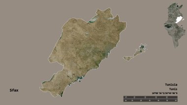 Tunus valisi Sfax 'ın şekli, sermayesi sağlam arka planda izole edilmiş. Uzaklık ölçeği, bölge önizlemesi ve etiketleri. Uydu görüntüleri. 3B görüntüleme