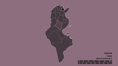 Başkenti, ana bölgesel bölümü ve ayrılmış Sidi Bou Zid bölgesi ile Tunus 'un dejenere edilmiş şekli. Etiketler. Renkli yükseklik haritası. 3B görüntüleme