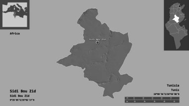 Sidi Bou Zid 'in şekli, Tunus valisi ve başkenti. Uzaklık ölçeği, ön gösterimler ve etiketler. Çift seviyeli yükseklik haritası. 3B görüntüleme