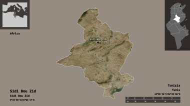 Sidi Bou Zid 'in şekli, Tunus valisi ve başkenti. Uzaklık ölçeği, ön gösterimler ve etiketler. Uydu görüntüleri. 3B görüntüleme
