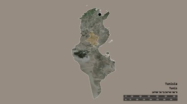Başkenti, ana bölgesel bölümü ve ayrılmış Sidi Bou Zid bölgesi ile Tunus 'un dejenere edilmiş şekli. Etiketler. Uydu görüntüleri. 3B görüntüleme