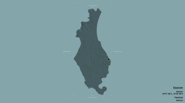Sousse bölgesi, Tunus valisi, sağlam bir arka planda izole edilmiş bir sınır kutusunda. Etiketler. Renkli yükseklik haritası. 3B görüntüleme