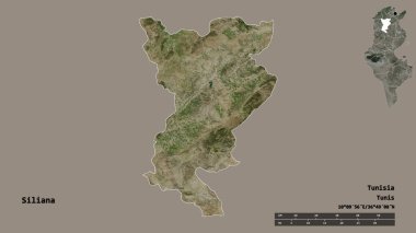 Tunus valisi Siliana 'nın şekli, başkenti sağlam arka planda izole edilmiş. Uzaklık ölçeği, bölge önizlemesi ve etiketleri. Uydu görüntüleri. 3B görüntüleme