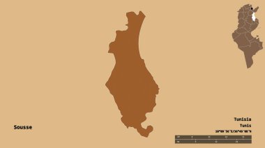 Tunus valisi Susa 'nın şekli, başkenti sağlam bir arka planda izole edilmiş. Uzaklık ölçeği, bölge önizlemesi ve etiketleri. Desenli dokuların bileşimi. 3B görüntüleme