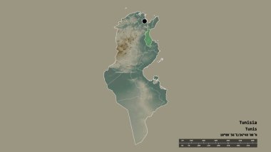 Başkenti, ana bölgesel bölümü ve ayrı Susa bölgesi ile Tunus 'un dejenere edilmiş şekli. Etiketler. Topografik yardım haritası. 3B görüntüleme