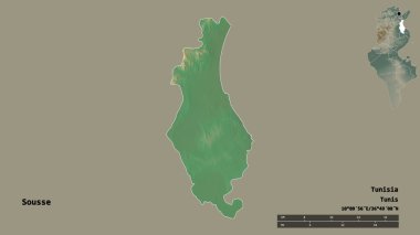 Tunus valisi Susa 'nın şekli, başkenti sağlam bir arka planda izole edilmiş. Uzaklık ölçeği, bölge önizlemesi ve etiketleri. Topografik yardım haritası. 3B görüntüleme