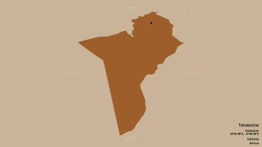 Tunus valisi Tataouine bölgesi, katı bir arka planda izole edilmiş bir sınır kutusunda. Etiketler. Desenli dokuların bileşimi. 3B görüntüleme