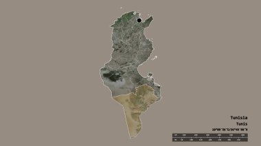Başkenti, ana bölgesel bölümü ve ayrılmış Tataouine bölgesiyle Tunus 'un dejenere edilmiş şekli. Etiketler. Uydu görüntüleri. 3B görüntüleme