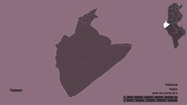 Tunus valisi Tozeur 'un şekli, başkenti sağlam arka planda izole edilmiştir. Uzaklık ölçeği, bölge önizlemesi ve etiketleri. Renkli yükseklik haritası. 3B görüntüleme