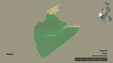 Tunus valisi Tozeur 'un şekli, başkenti sağlam arka planda izole edilmiştir. Uzaklık ölçeği, bölge önizlemesi ve etiketleri. Topografik yardım haritası. 3B görüntüleme
