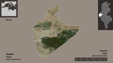 Tozeur 'un şekli, Tunus valisi ve başkenti. Uzaklık ölçeği, ön gösterimler ve etiketler. Uydu görüntüleri. 3B görüntüleme