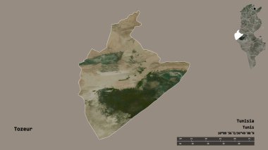 Tunus valisi Tozeur 'un şekli, başkenti sağlam arka planda izole edilmiştir. Uzaklık ölçeği, bölge önizlemesi ve etiketleri. Uydu görüntüleri. 3B görüntüleme