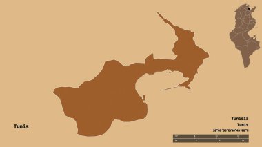 Tunus valisi, başkenti sağlam bir zemin üzerinde izole edilmiş Tunus 'un şekli. Uzaklık ölçeği, bölge önizlemesi ve etiketleri. Desenli dokuların bileşimi. 3B görüntüleme