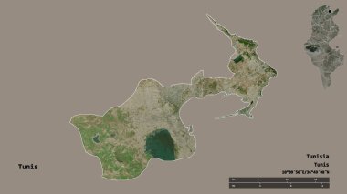 Tunus valisi, başkenti sağlam bir zemin üzerinde izole edilmiş Tunus 'un şekli. Uzaklık ölçeği, bölge önizlemesi ve etiketleri. Uydu görüntüleri. 3B görüntüleme